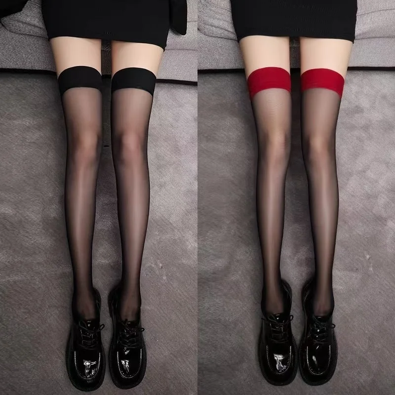 Women\'s Anti Slip Silicone Stockings Patchwork Contrast Color Rib Cut Top High Thigh Women 8D Oil Shiny Transparent Female Socks