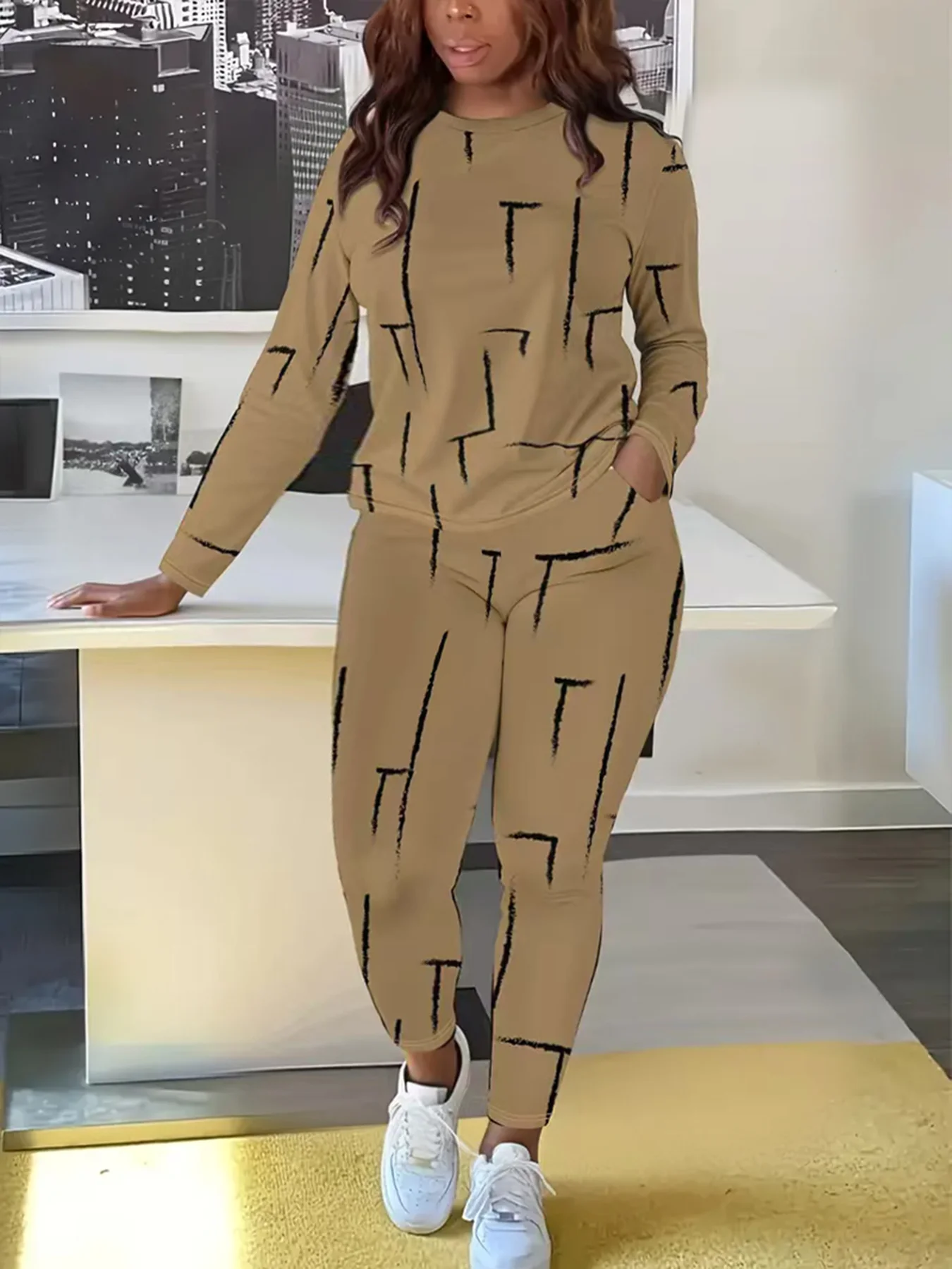 Women's Plus Size Casual Outfit: Comfortable Long Sleeve Crewneck Top and Geometric Print Pants Set - Medium Stretch, Machine Wa