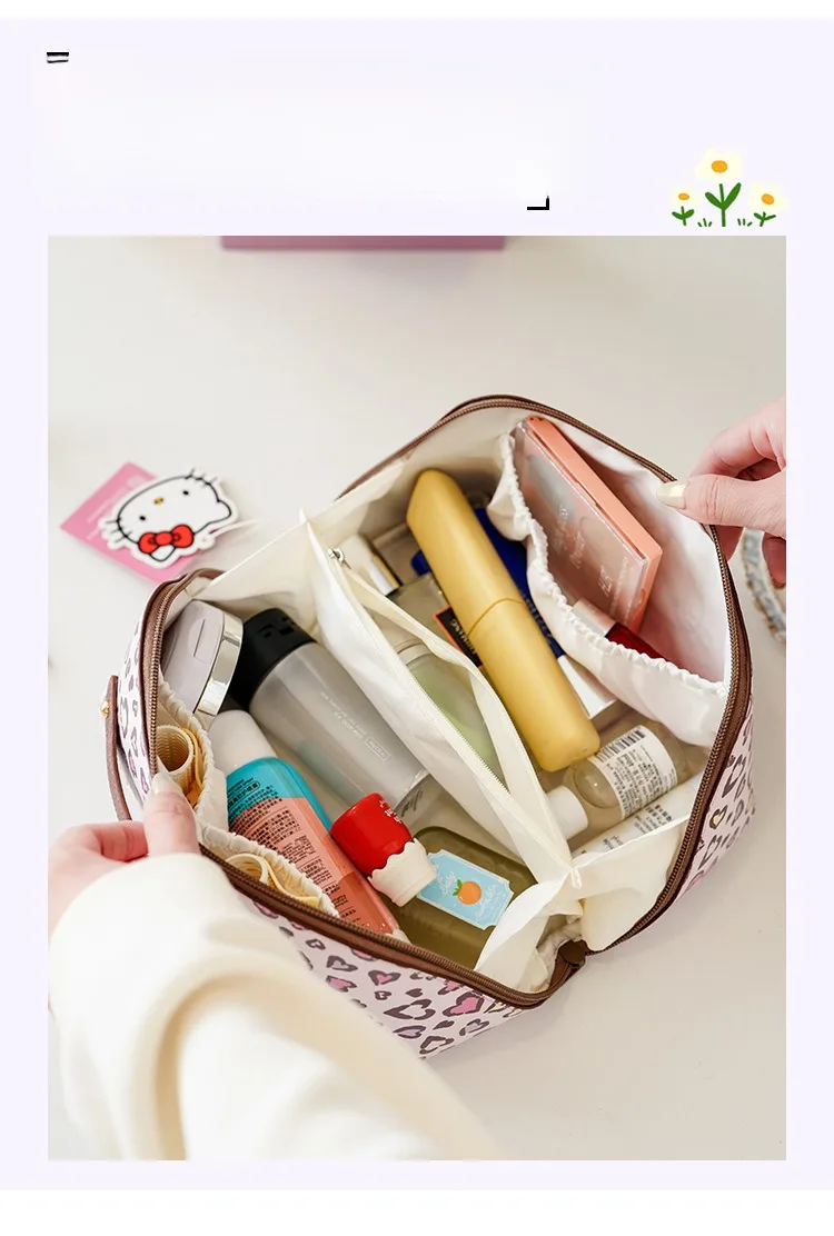 Sanfte rosa Leopardenmuster Hello Kitty bestickte Aufbewahrungstasche, multifunktionale tragbare Reise-Kulturtasche, große Kapazität – Detail 3
