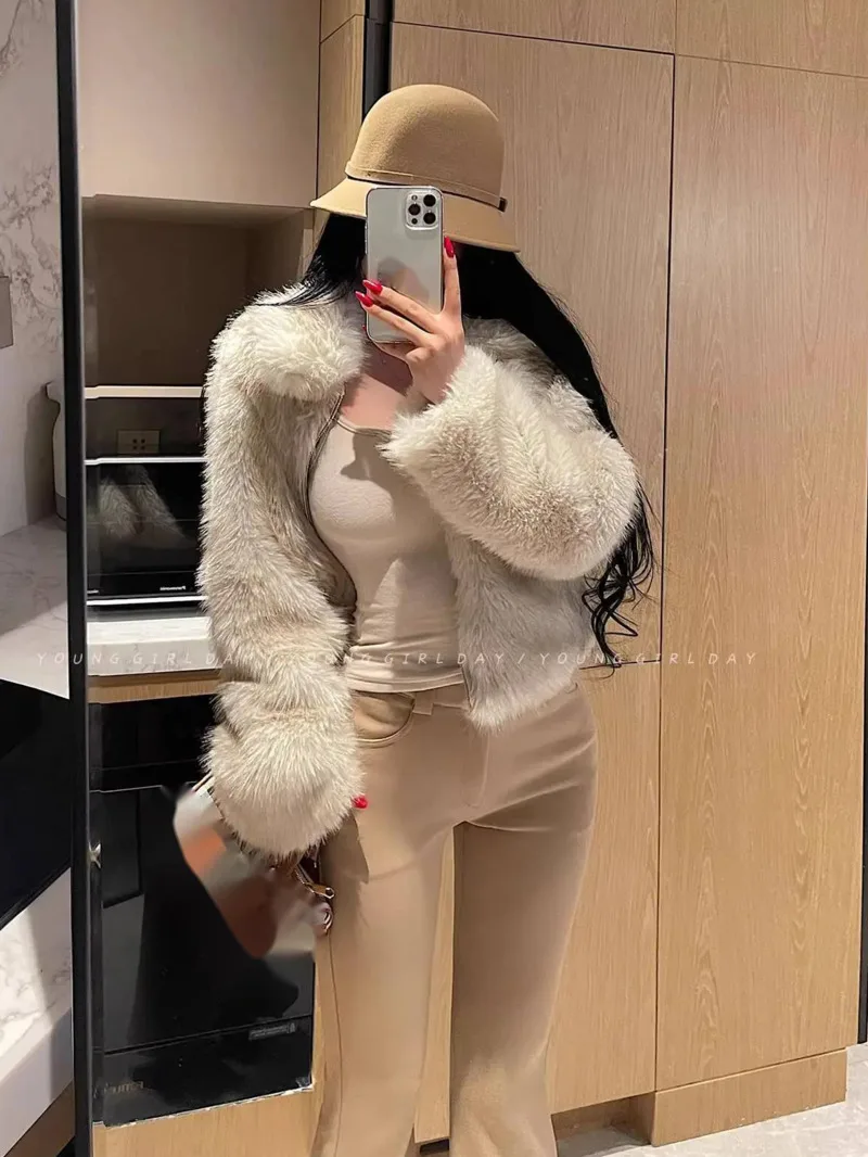 

Элегантное пальто-бомбер в стиле «сестринский шик» с отложным воротником, на молнии, свободного кроя, из искусственного меха, осенне-зимнее, пушистое, модное женское верхнее пальто NHO8