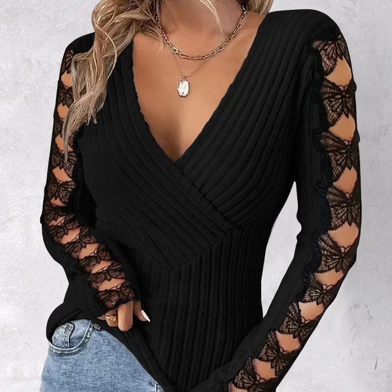 

Sexy Tops Women Hollow Out Bow Top Full Sleeve V Neck Splice Regular Slim Fit Tees Knitted T Shirts Elegant 2023 Office Ladies