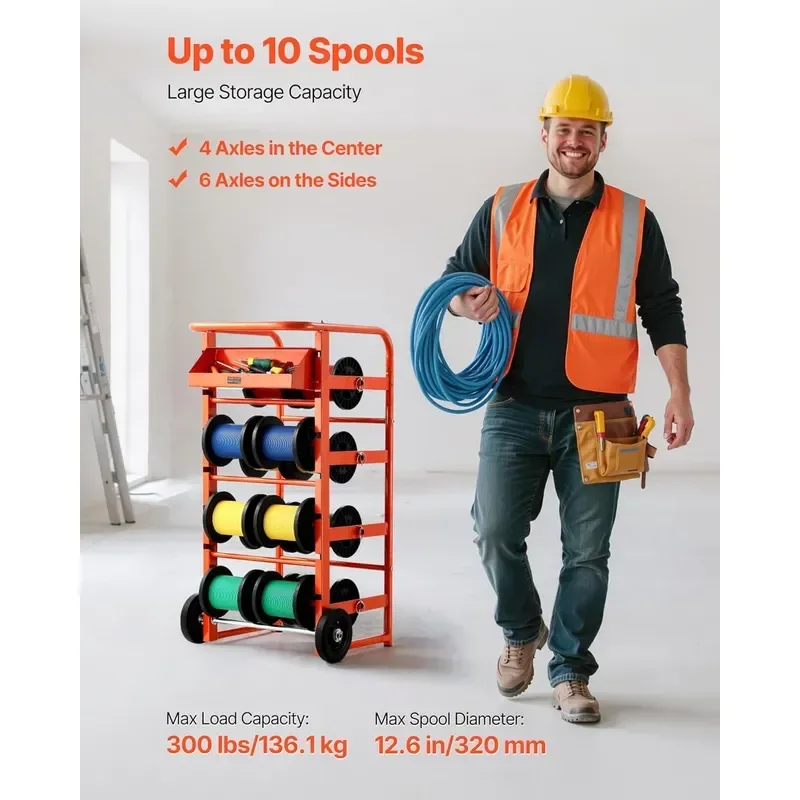 Wire Spool Rack 11 Rods Multi-Spool Wire Rack Dispenser Cable Caddy with Wheels Cable Holder with Storage Tray for Wiring