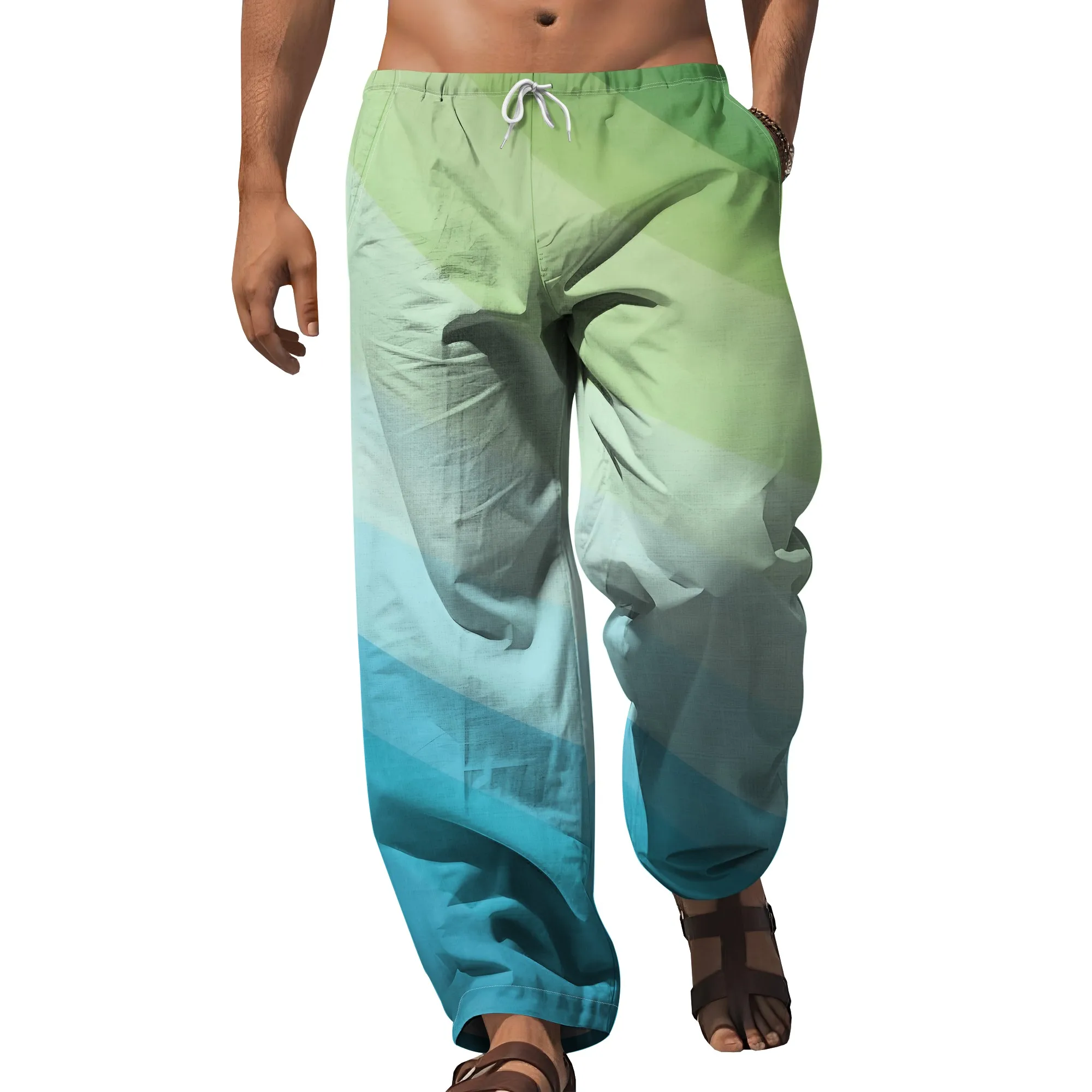 YEAE зелено-синие брюки с градиентным принтом в полоску для мужчин, летние повседневные свободные брюки на шнурке