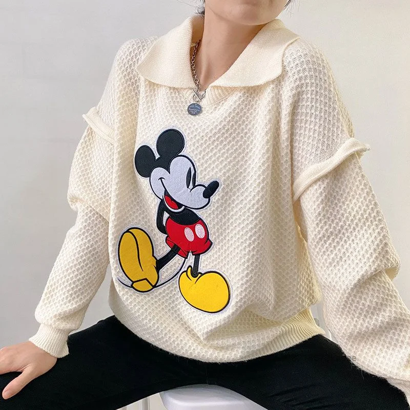 Disney Mickey Mouse Cute Pattern Knitted Sweater Loose Hollow Out College Style New Outerwear Korean Version Fashion Short Coat