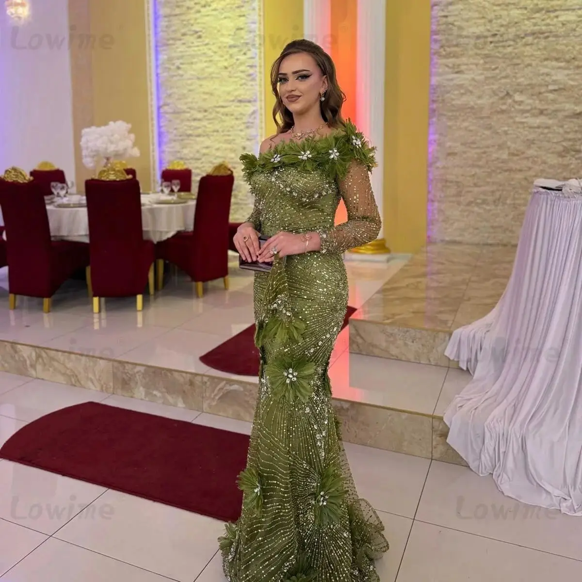 

Gorgoues Green Evening Dress Long Sleeves Feathers Floral Mermaid Prom Dresses 2026 Customized Women Party Gowns For Wedding