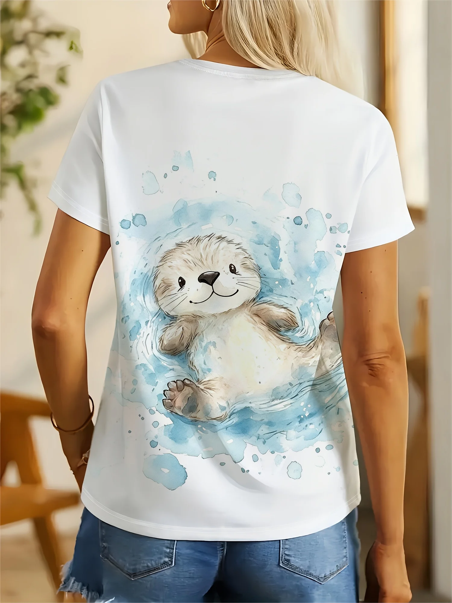 Women Short Sleeve T‑Shirt Cute Sea Otter Watercolor Splash Print Crew Neck Tops Festival Gift Casual Daily Wear Women's Clothes