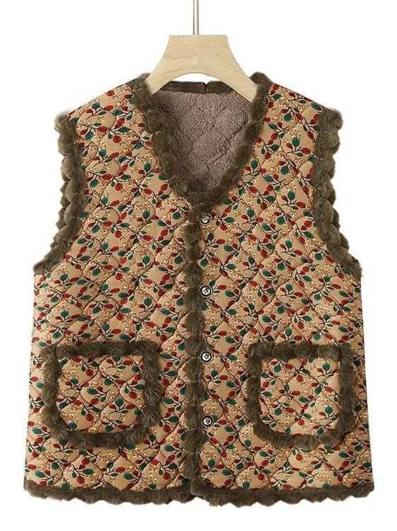 2025 Autumn Winter Thiened Floral Print Fce Lined Vest for Middle-Aged And ly Women Faionable Mommy Sle Jaet