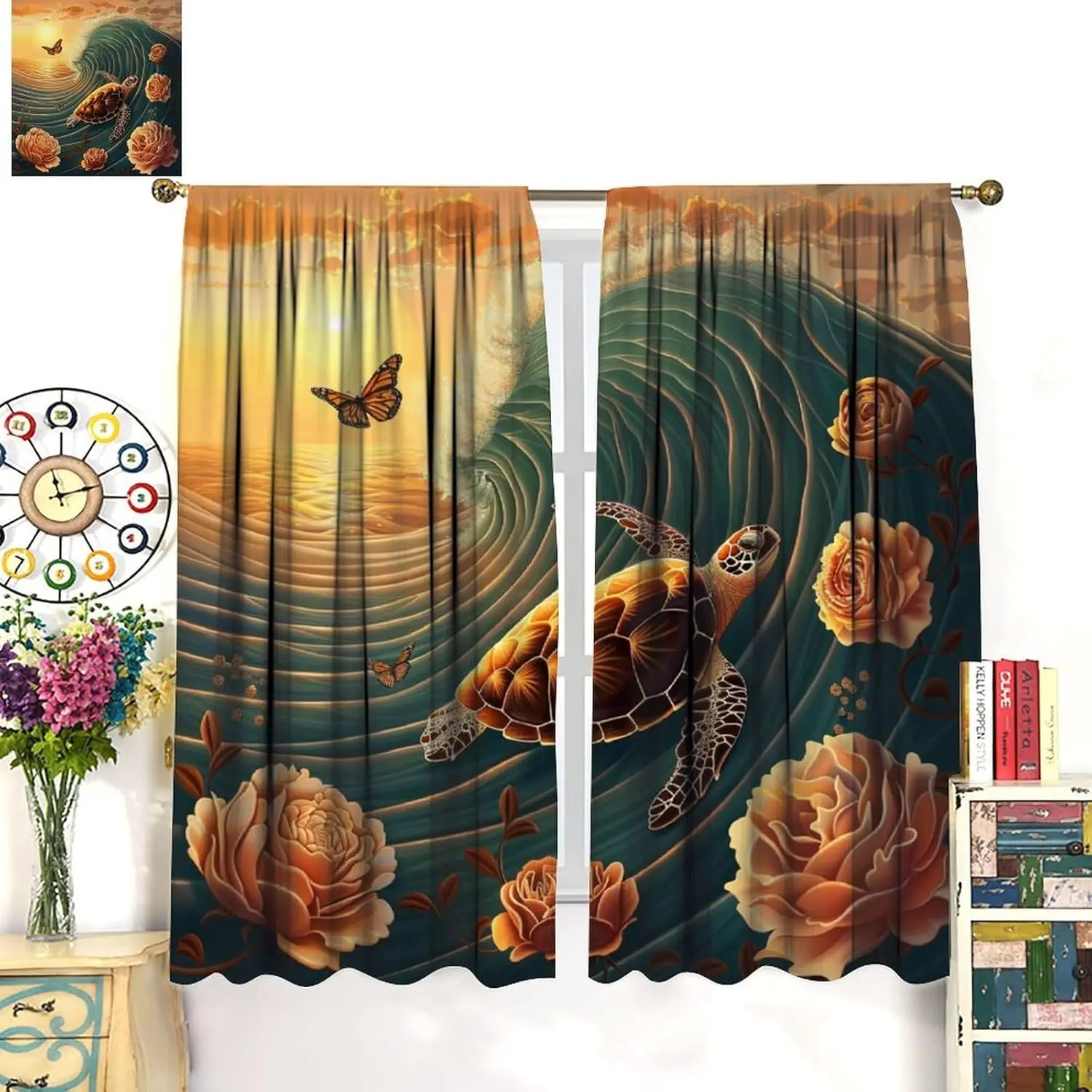 Turtle Curtains, Tropical Ocean Animal Turtle Seaside Flower Butterfly Window Drapes, for Living Room Bedroom (Decorative)