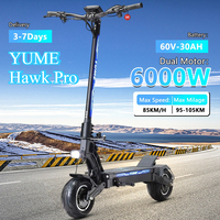 YUME HAWK Pro Electric Scooter 10x4.5 inch Tubeless Road Tires 3000W*2 Motor 60V 30Ah Battery 50mph Max Speed 60miles Max Range