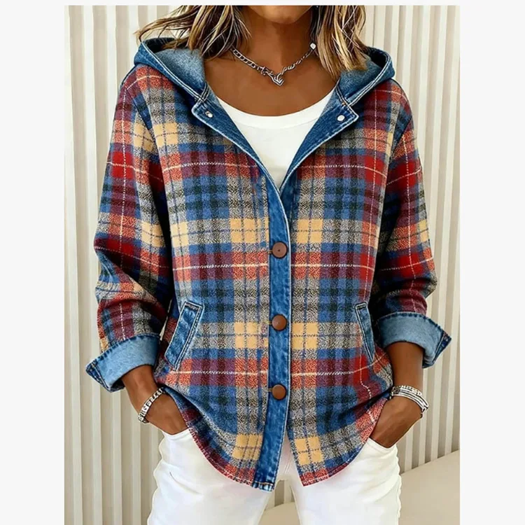 

Women's Hooded Blouses Autumn Winter Fashion Plaid Contrasting Color Jacket For Women Women Streetwear Tops Elegant Female Shirt