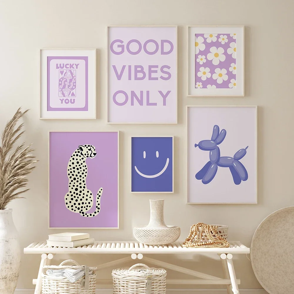 Purple Preppy Aesthetic Gallery Wall Prints Trendy Retro Wall Art Pictures Collage Dorm Room Decor Funky y2k Poster Floral Smile