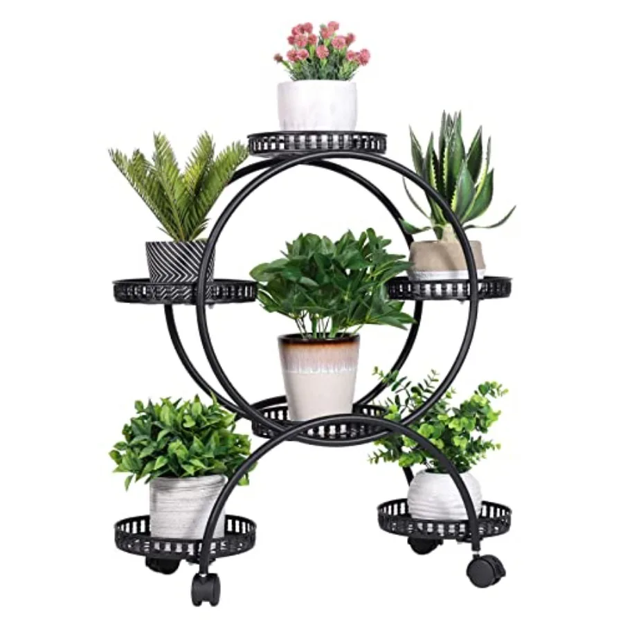 

Metal Plant Stand 6-Potted: Flower Pot Holder with Wheels 4 Tier Display Shelf Rack for Patio Balcony Yard Garden Home Decor
