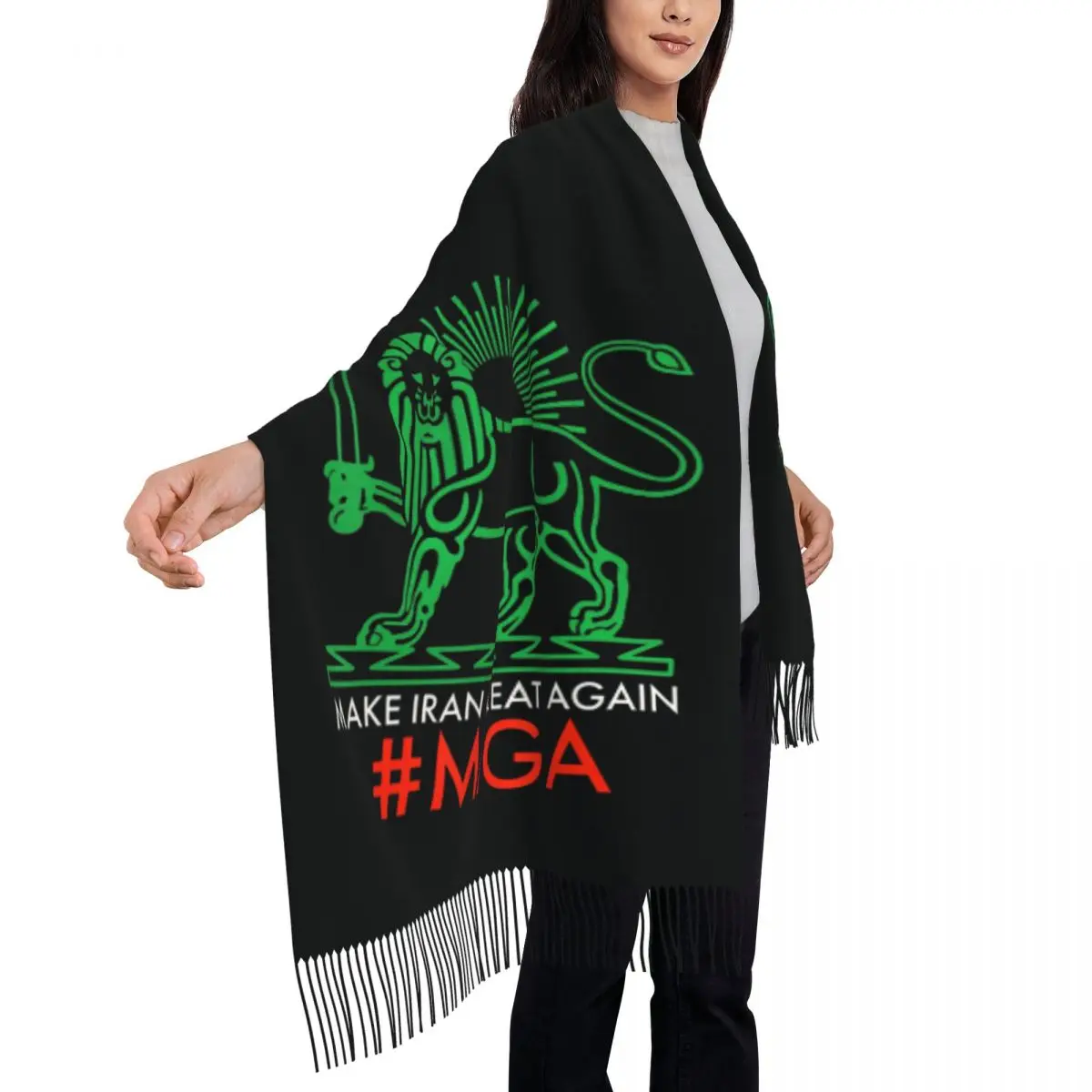 Make Iran Great Again Persian Lion And Sun Shiro Khorshid Scarf Shawls Wrpas with Long Tassel Ladies Scarves Bufanda Mujer