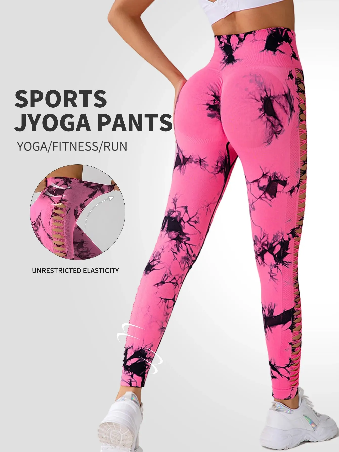 Kobiety Tie Dye Mesh Legginsy Sportowe Wydrążone Spodnie do Jogi Fitness Odzież Sportowa Seksowne Rajstopy Push Up z Wysoką Talią Legginsy do