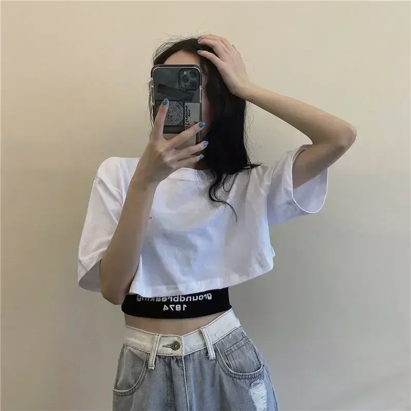 Camiseta blanca de manga corta para mujer, novedad de verano 2021, Top corto holgado de cintura alta, camisetas básicas informales para baile