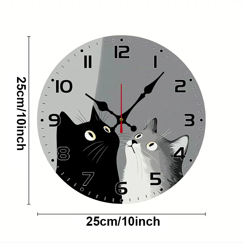 Black And White Cats Wooden Round Silent Hanging Wall Clock, Suitable For Living Room,Office,Study Room,Bedroom, Home Decoration