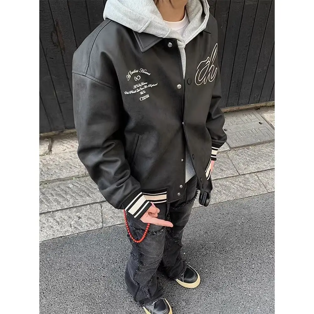 

Retro American High Street Embroidered PU Leather Pilot Jaet Men's Casual Spring Autumn Baseball Coat Loose Fit Youthful