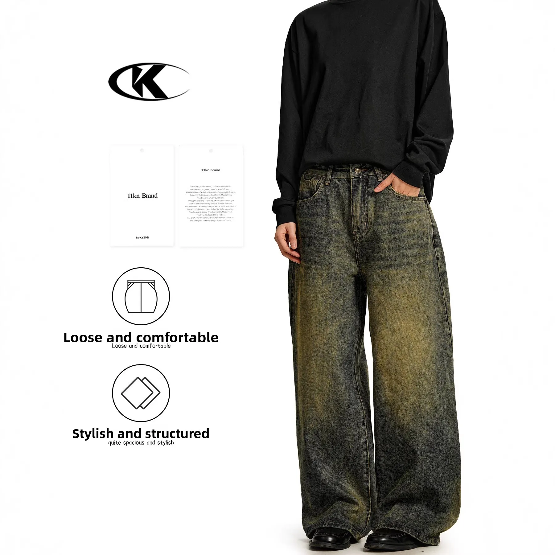 

Retro American Jeans Waed out Wide Leg Loose Fit Straight Leg Long Trousers for Men And Women Vintage Blue Jeans