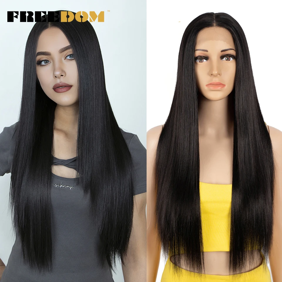 FREEDOM Straight Synthetic Lace Front Wigs For Women Ombre Brown Blonde Red Lace Wig 28 Inch Heat Resistant Fantasy Cosplay Wigs