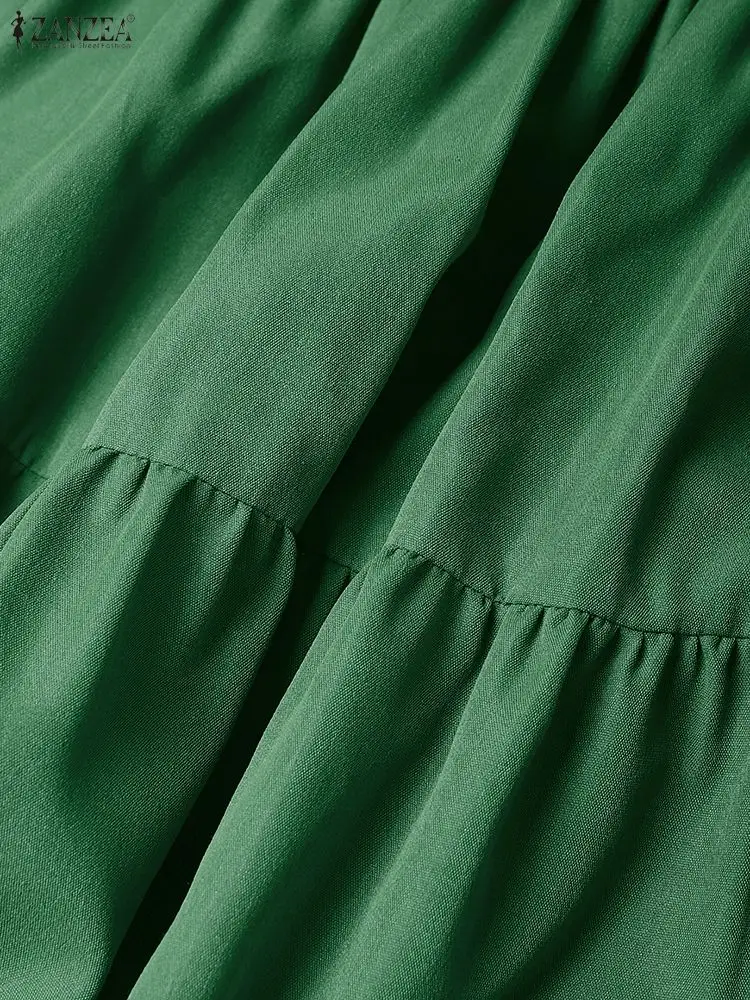 Abiti longuette casual eleganti da donna Moda scollo a V Manica a lanterna 3/4 Vita raccolta Abito a trapezio tinta unita ZANZEA Abiti donna