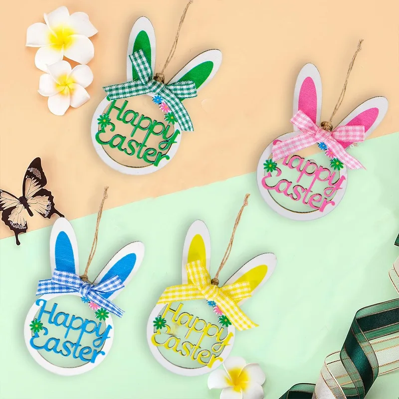 10pcs Easter Wooden Easter Egg Rabbit Ear Bownot Pendants Color Painting DIY Crafts Hanging Ornaments Happy Easter Day Party 202