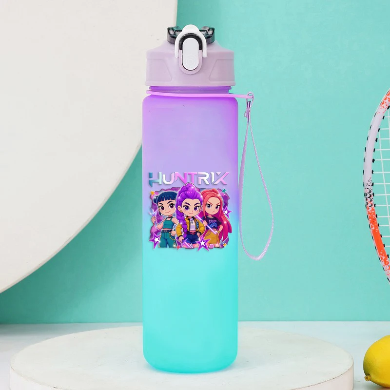 Botellas de agua con gradiente KPop Demon Hunters, taza con pajita para beber de alta capacidad de 750ml, botellas portátiles para exteriores para chica, oficina y escuela
