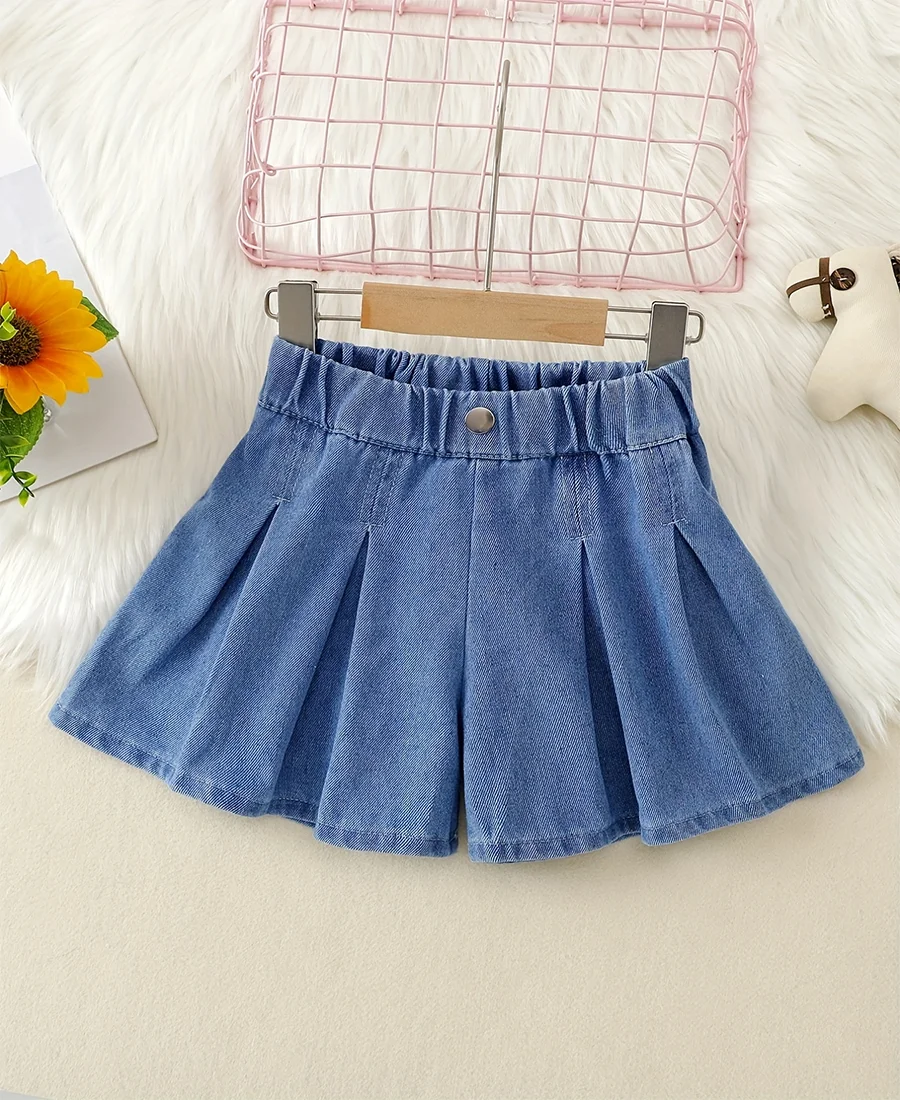 Summer girls blue fashionable loose denim shorts casual belt shorts 4-8 years old