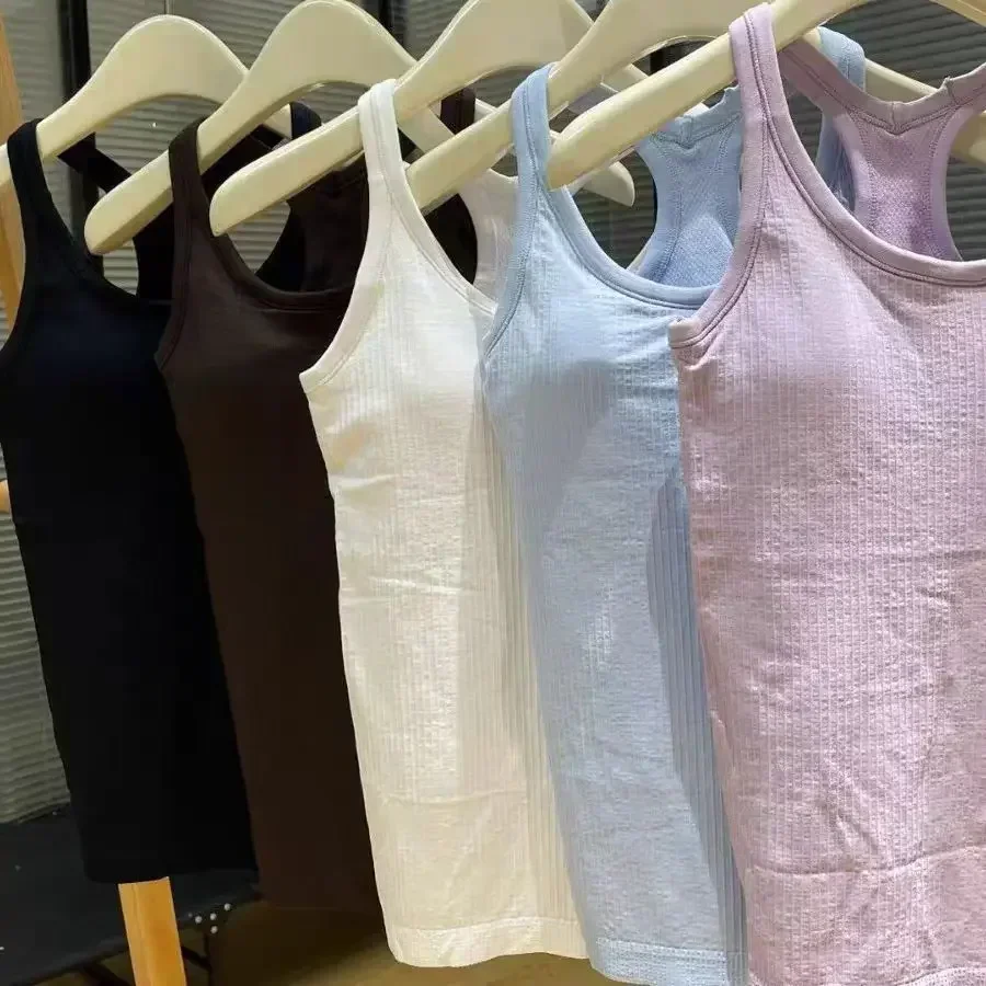 

Lemon Women EBB Solid Color Basic Ribbed Tank Top Women Summer Sleeveless Streetwear Soft Tee Built-in Shelf Bras Top Sport Vest