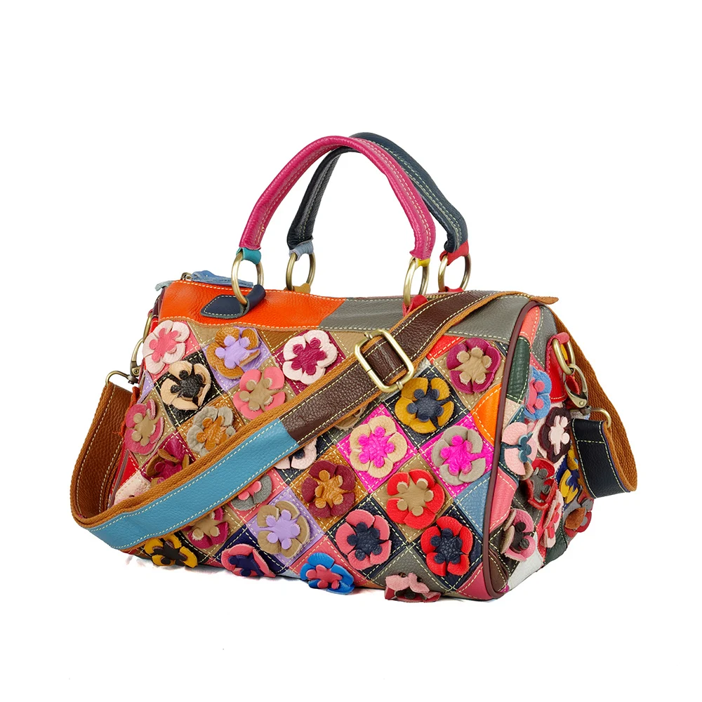 Leather hand-made colorful flower Mosaic random color women\'s handbag crossbody bag