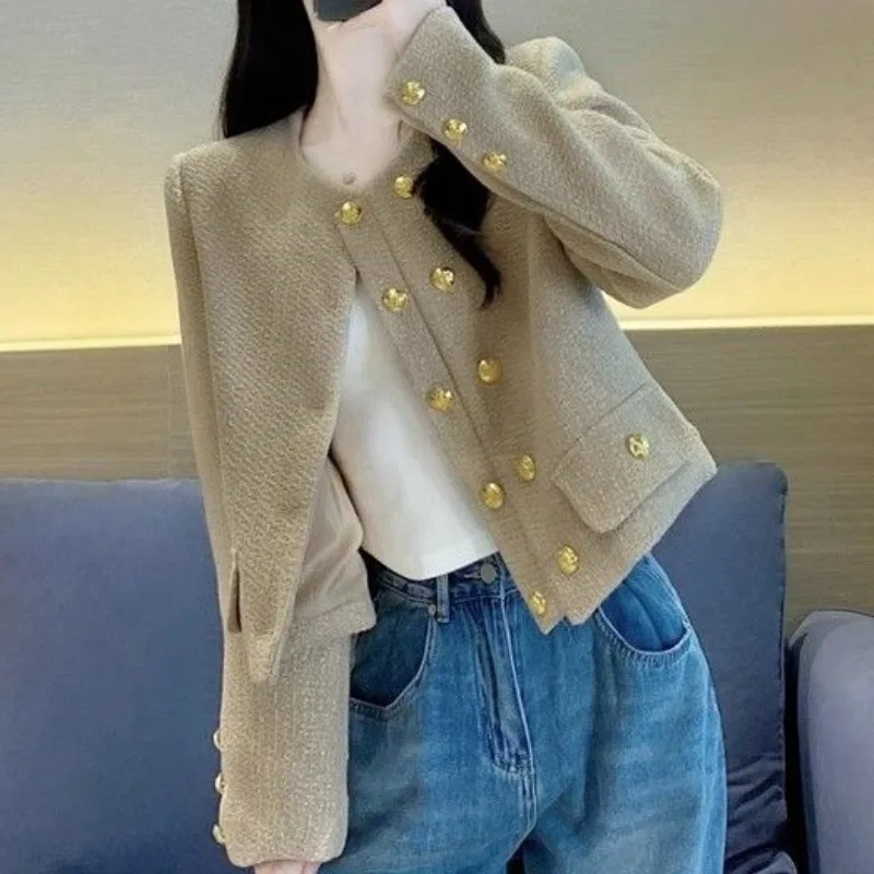 

Small Fragrance Jacket Women Spring Autumn New Design Sense Temperament Outwear Loose Double-breasted Cardigan Cropped Coat Top