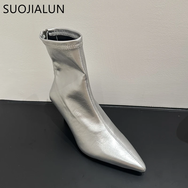 SUOJIALUN Winter New Brand Women Ankle Boots Fashion Pointed Toe Ladies Elegant Short Boots Thin High Heel Dress Chelsea Pumps