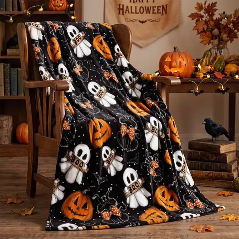 Horaldaily Halloween Black Pumpkin Ghost Cat Flannel Throw Blanket 50x60
