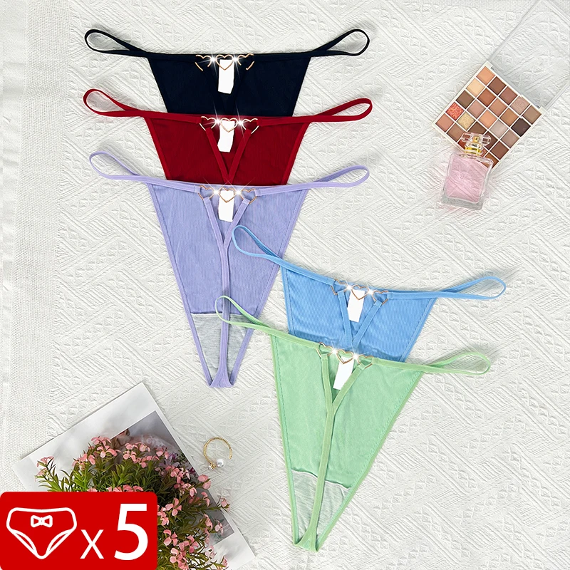 5pcs 1XL-4XL Plus Size Ladies G-string Intimate Lingerie Low Rise Solid  Love Design Women Thongs New Fashion Breathable Panties