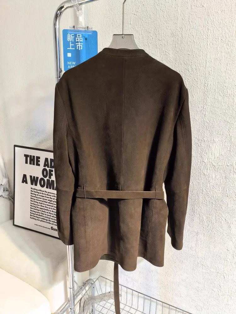 Chaqueta Vintage de cuero genuino para mujer, fajas Reversibles con cuello en V, chaquetas de traje elegantes, prendas de vestir medio largas de piel de oveja de ante de alta calidad