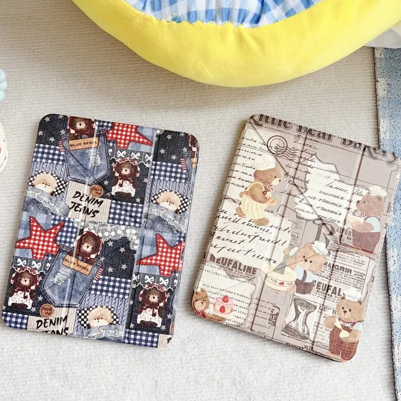 Teddy Bear Cartoon Retro Print Foldable with Pencil Holder Tablet Case for iPad 10th Gen Air4/5 10.9in A16 A19 2026 11inch Cover