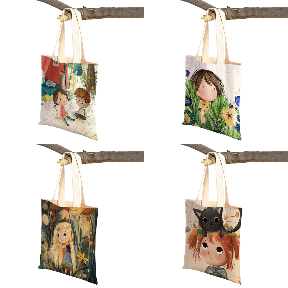 Fairy Tale World Lovely Child Gift Casual Shopping Bag Cute Cartoon Girl Double Printed Reusable Canvas Student Tote Handbag