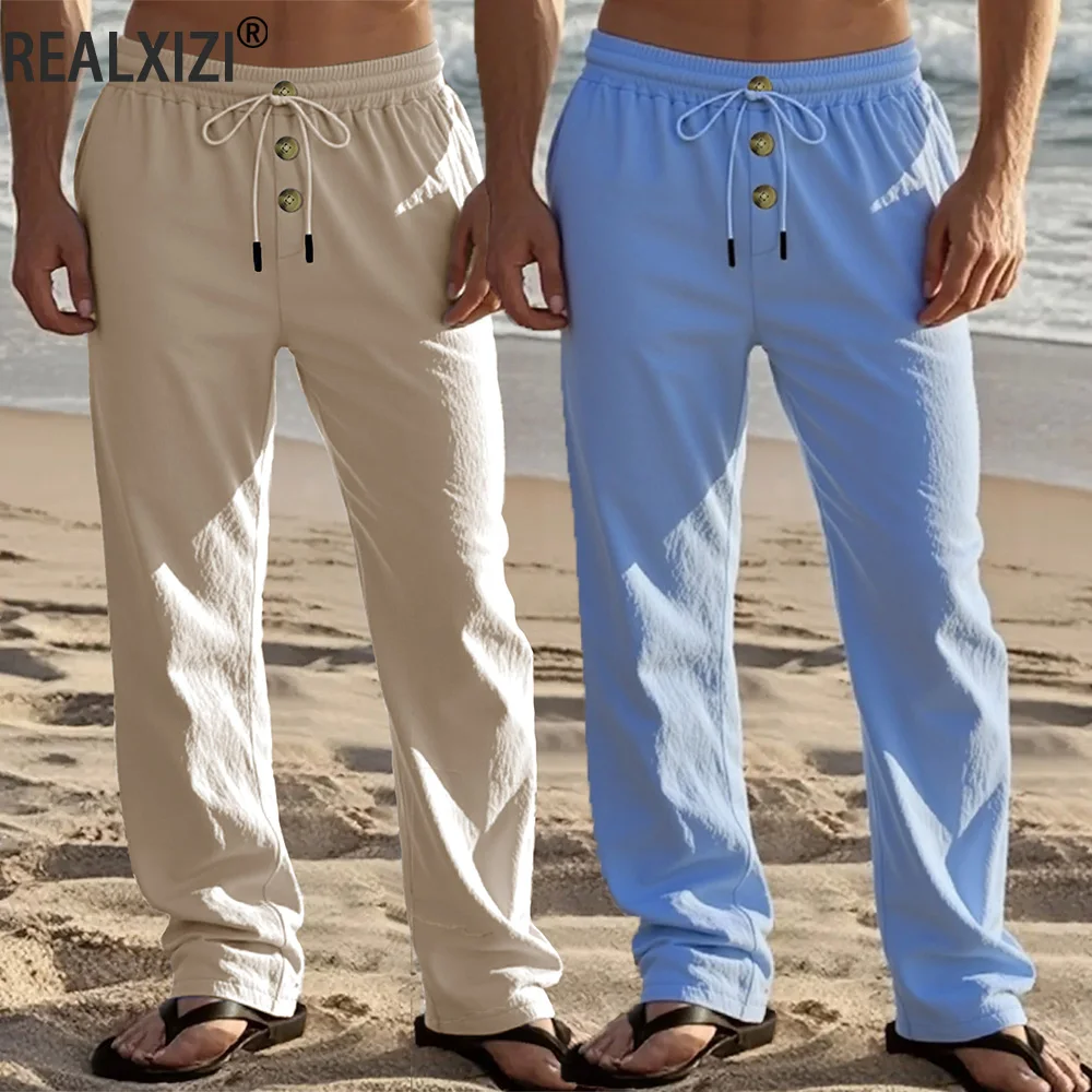 

Spring and Summer Men's Casual Long Pants Loose Breathable Hawaiian Beach Solid Color Long Pants Male Casual Sport Long Pants