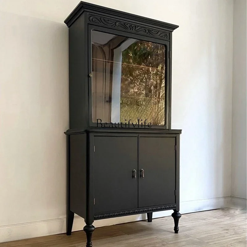 

3French Retro Solid Wood Wine Cabinet Against the Wall Black Retro Simple Sideboard Cabinet Integrated Against the Wall
