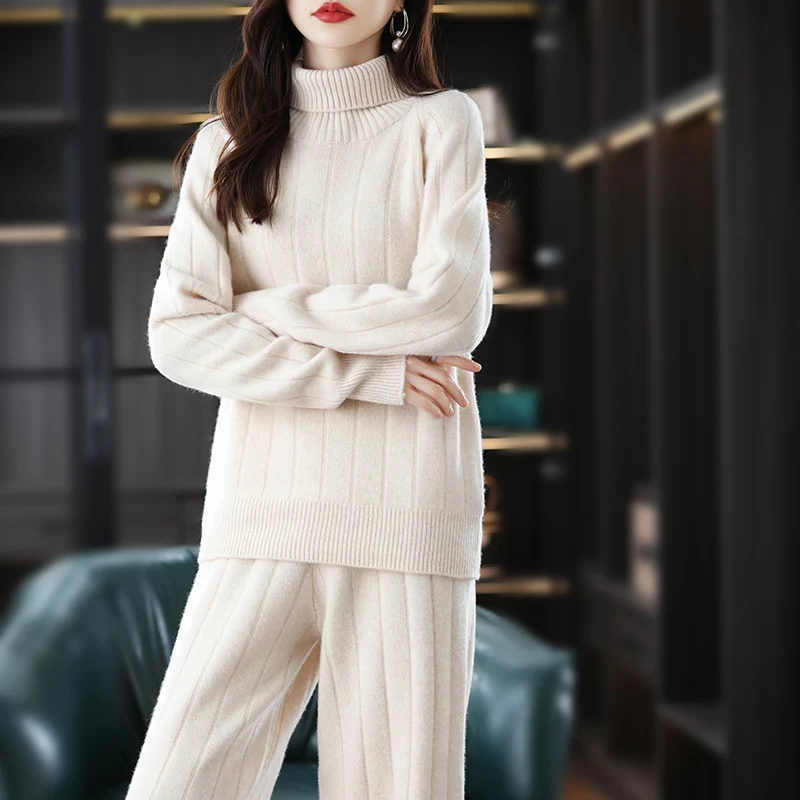 

Cashmere Suit For Women In Autumn And Winter Turtle Neck Wide-Leg Pants Loose Fashion Two-Piece Wool Sweater Straight Size XQ353