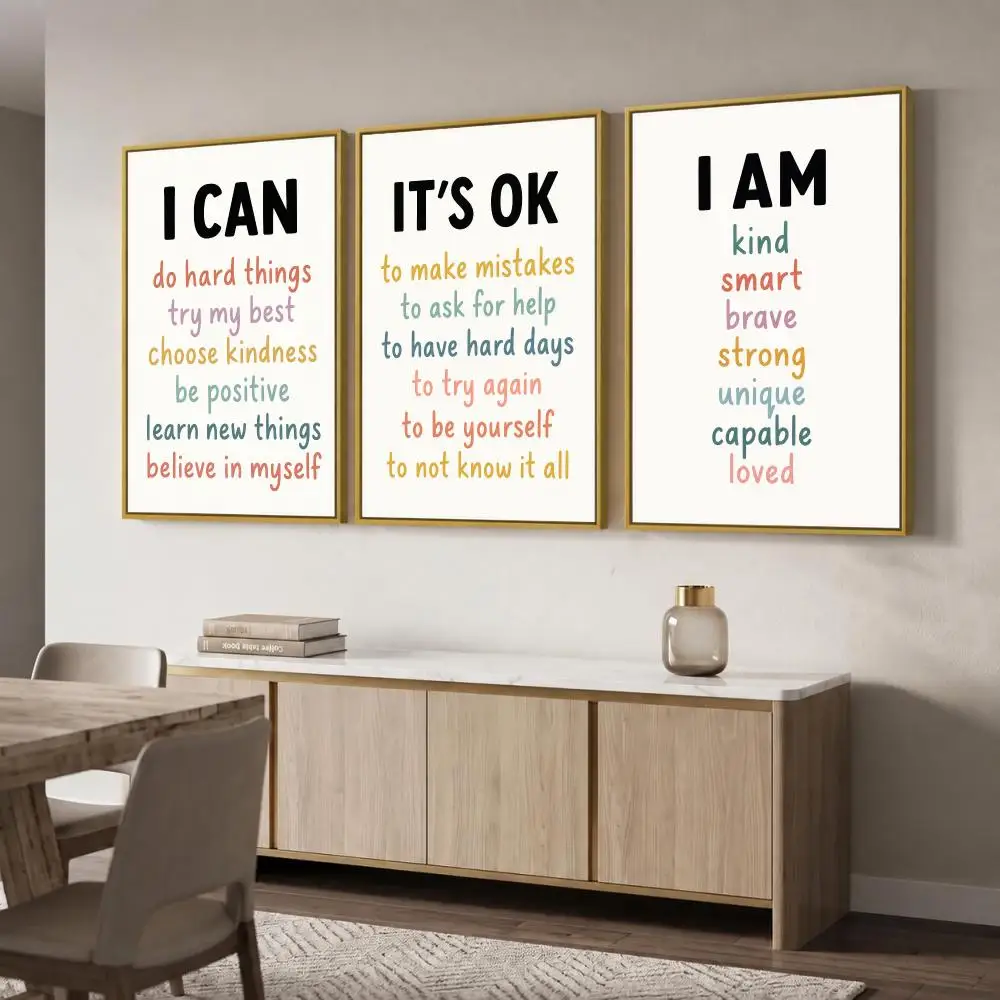 I Am I Can It's OK Positive Affirmation Painting 3 PCS Canvas Wall Art Prints for Living Room Decor Modern Fashion Wall Decals