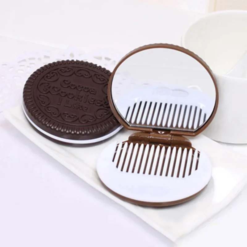 Cute Chocolate Cookie Shaped Design Mirror Makeup Chocolate Folding Comb Makeup Gift Portable Mini Pocket Mirror With Comb Brown