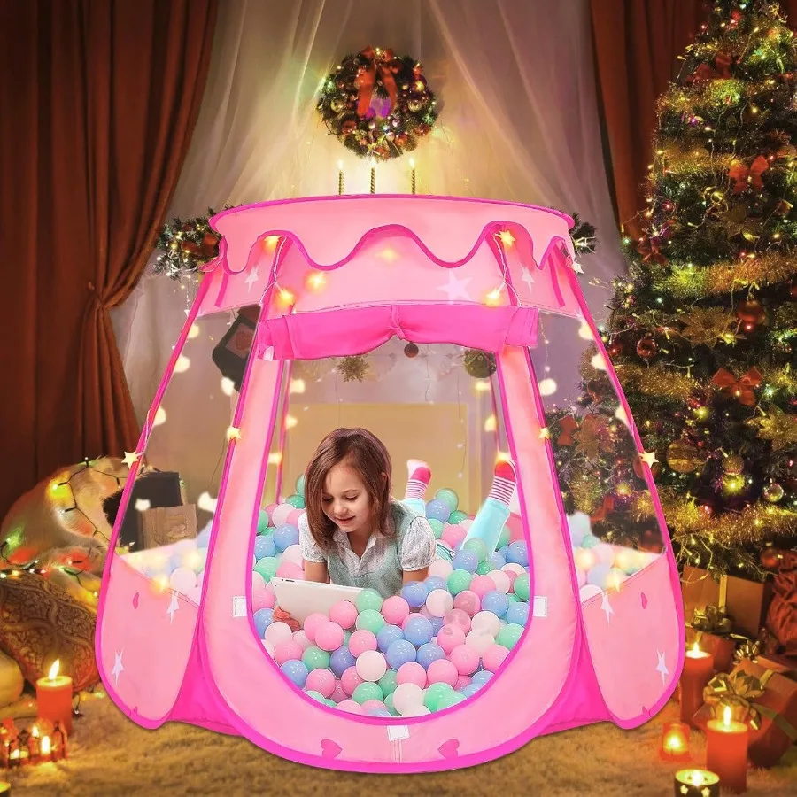 Barraca de princesa pop up com 50 bolas, poço com luzes de estrela para meninas de 1 2 3 anos, presente de aniversário, brinquedos de princesa para crianças wi
