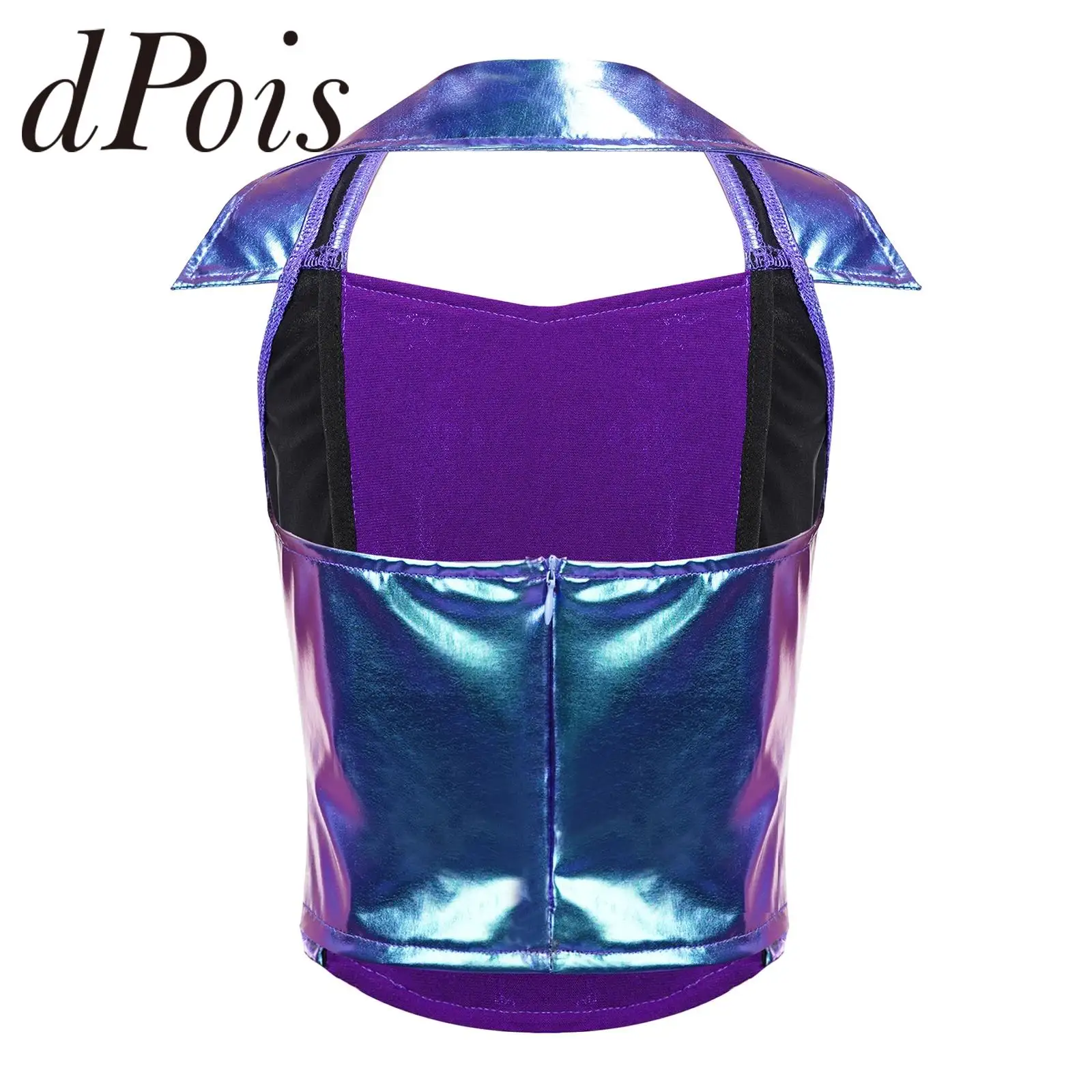 

Kids Girls Jazz Dance Costume Sequins Sleeveless Halter Vests Teen Metallic Stage Shiny Dancing Tank Top Vest Disco Outfits