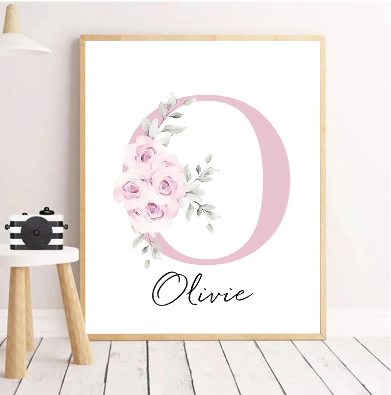 Custom Baby Name Nursery Poster Personalized Canvas Painting Print Pink Flower Animals Wall Art for Girls Bedroom Pictures Decor