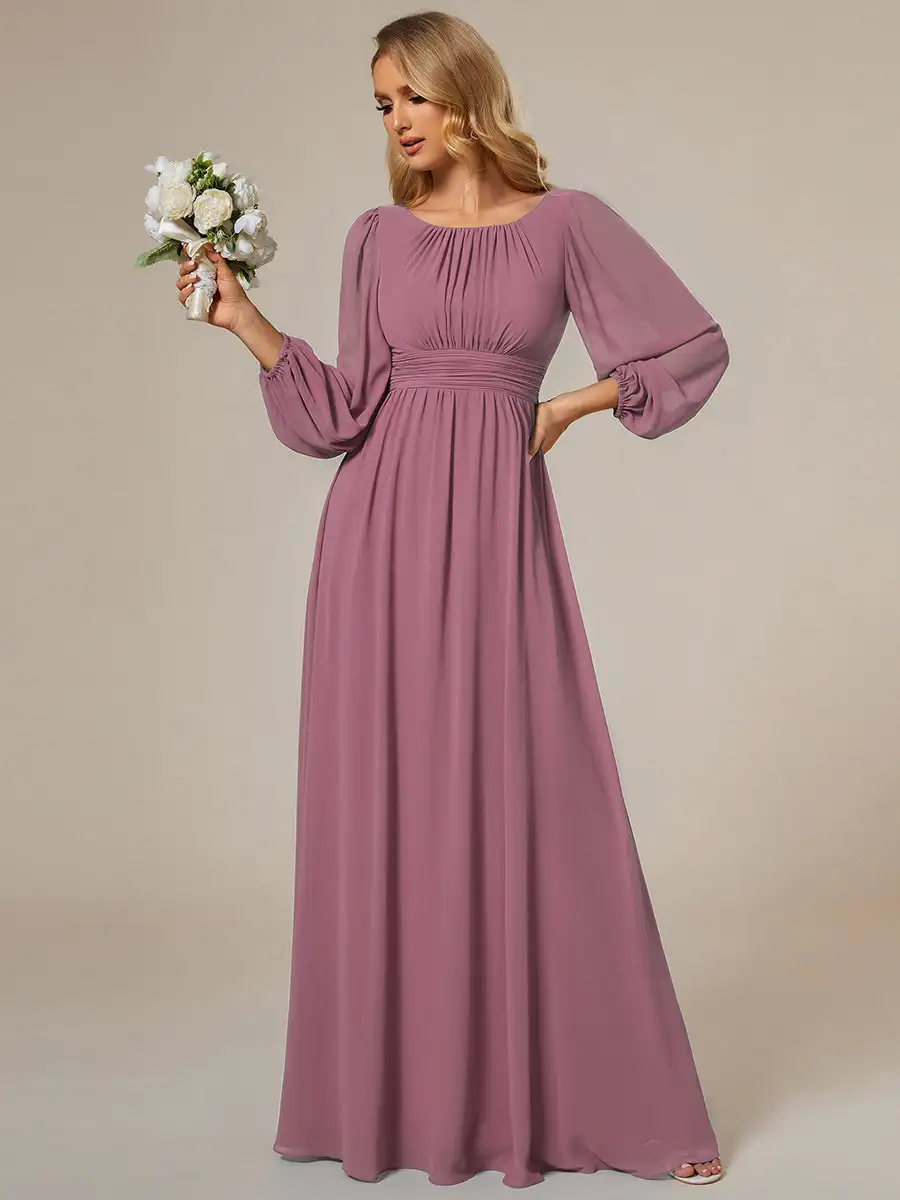 Elegant Evening Dresses Round Neck with Long Lantern Sleeves 2024 BAZIIINGAAA of A-line Orchid Bridesmaid Dresses