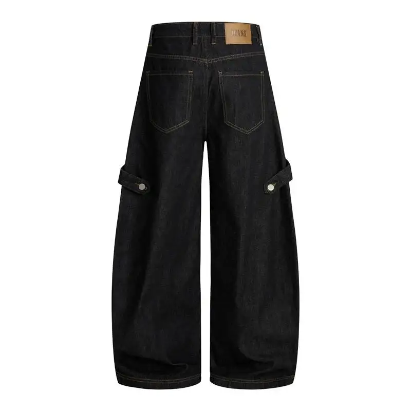 Vintage American Style Trendy Black Men's Boot Cut Jeans Visible Stitching Loose Fit Functional Denim Long Apnts 9X7P85