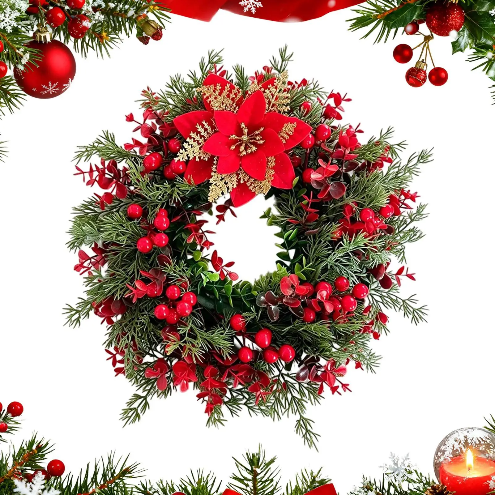 40cm Artificial Christmas Pine Eucalyptus Wreath Faux Greenery Wreath with Red Berries Porch Farmhouse Xmas Holiday Party Decor