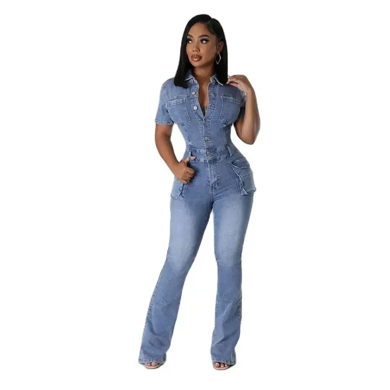 Women Casual Denim Jumpsuit Lapel Single-breasted Half Open Cardigan Rompers Female Summer Short Sleeve Bodysuit Flared Jeans 24