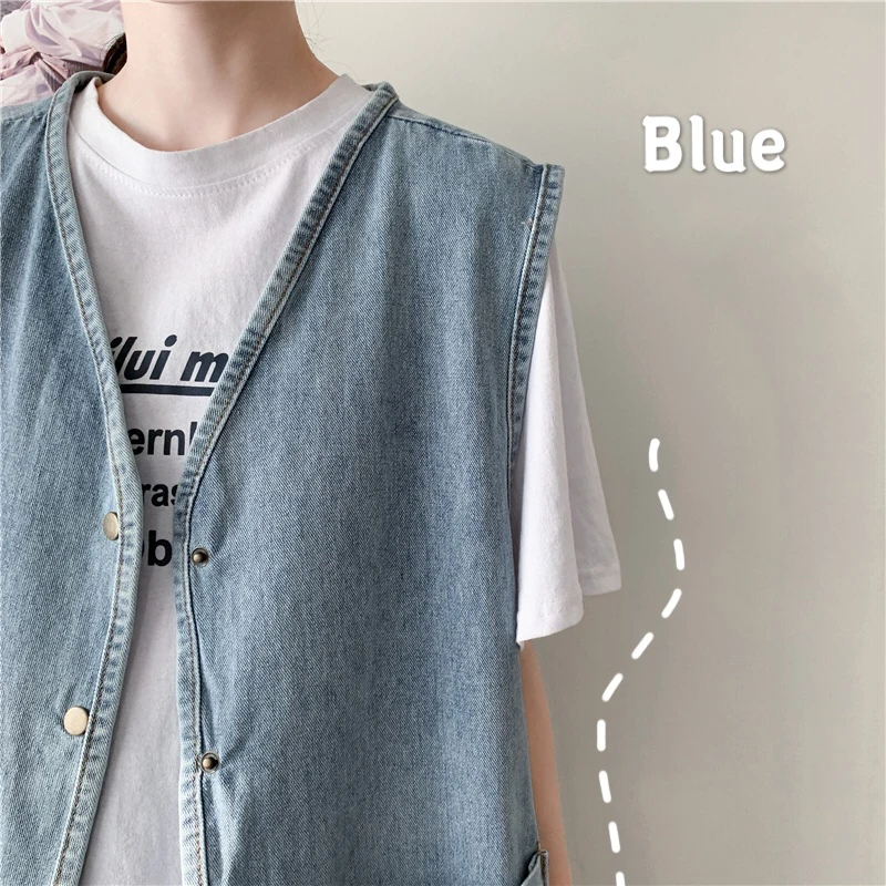 Vintage Spring Autumn Blue Denim Vest Women Leisure Plus Sized V Neck Single Breasted Sleeveless Jackets All-matched Tops S-5xl