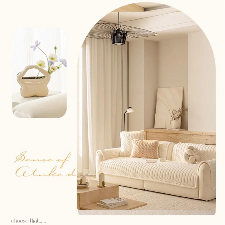 Cremiger, flauschiger, getufteter Fleece-verdickter, warmer, rutschfester Sofabezug, gemütliches Sofa-Schonbezug-Handtuch für Wohnzimmersofas – Detail 4